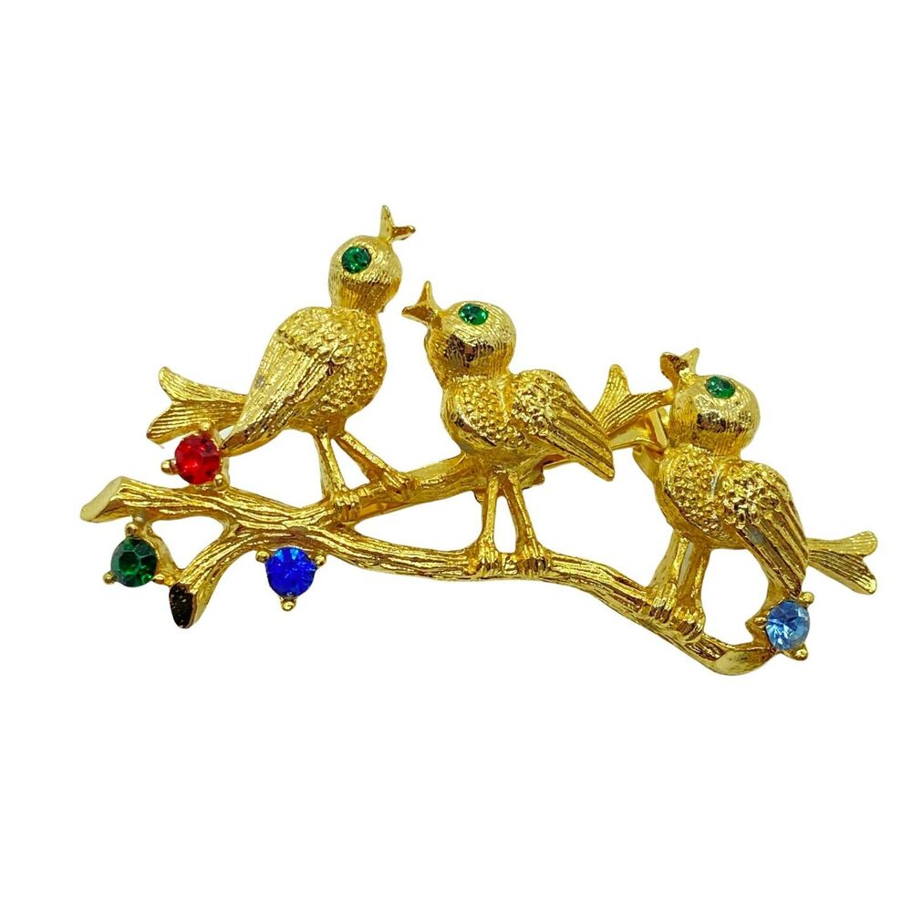 3 Singing Birds Brooch Pin Gold Tone Rhinestone Jewelry Vintage Gerry's Womens
